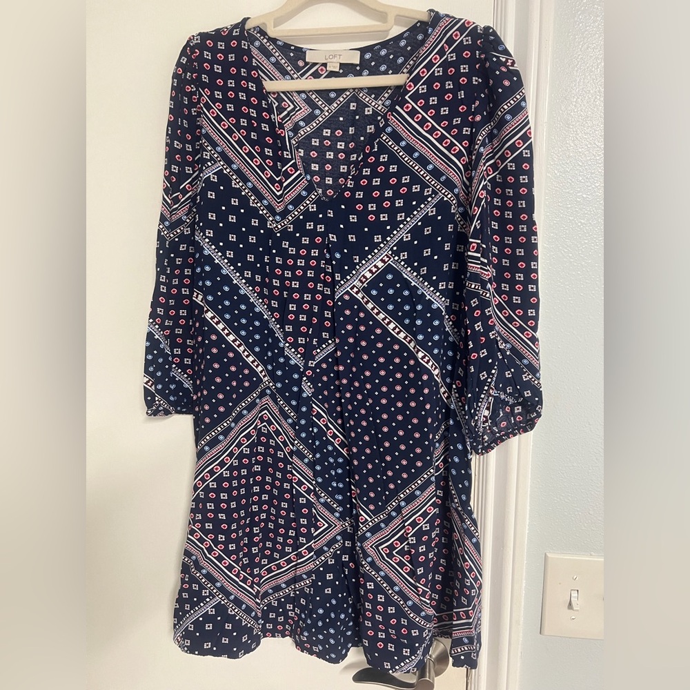 Loft Navy and Pink Geometric Pattern Dress